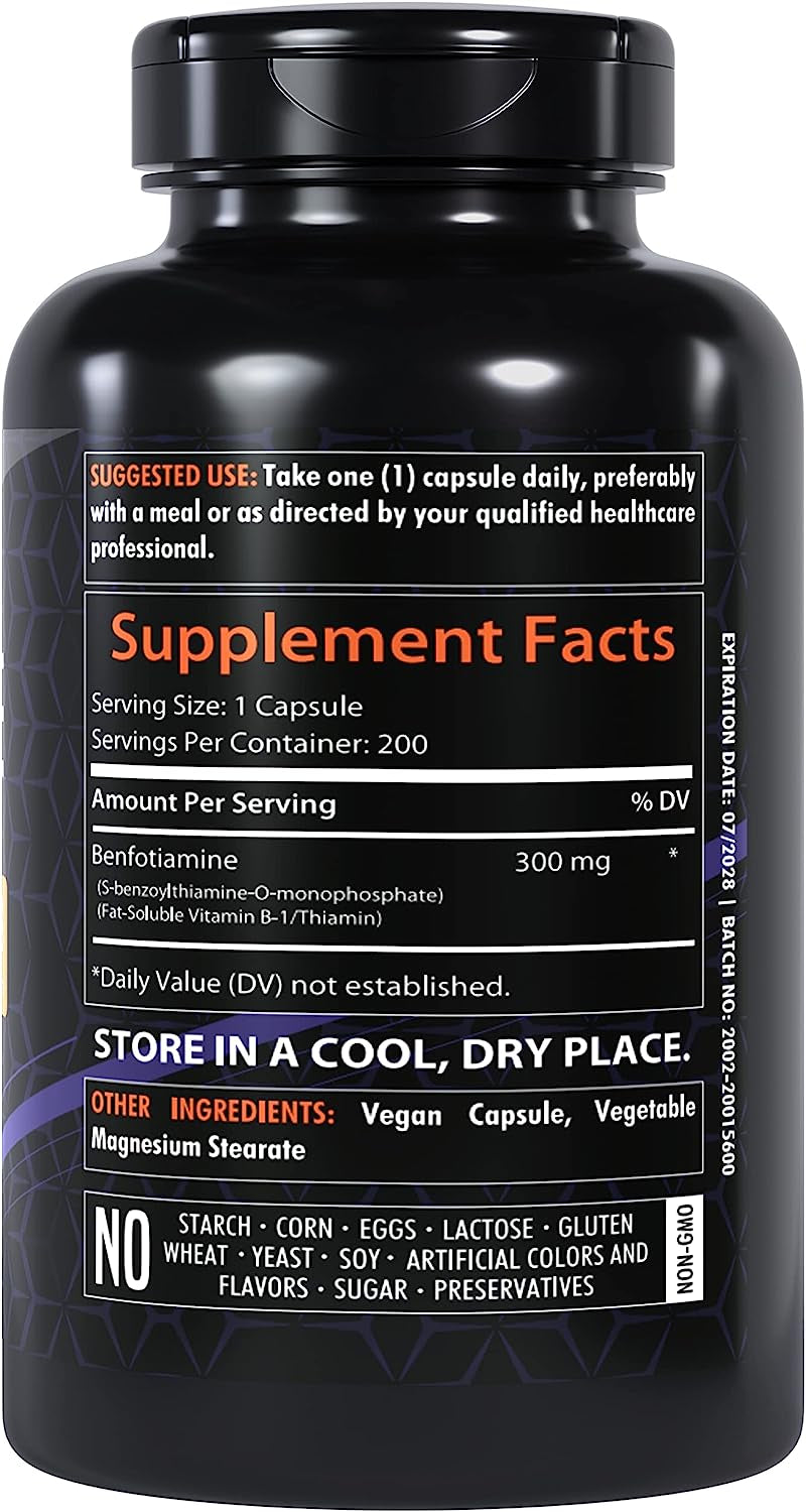 Benfotiamine 300Mg | 200 Capsules | Fat Soluble Thiamine Vitamin B1 | Supports Overall Health | Non-Gmo | Gluten Free (2-Pack)