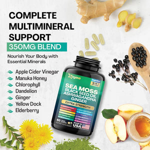 Sea Moss 7000Mg Black Seed Oil 4000Mg Ashwagandha 2000Mg Turmeric 2000Mg Bladderwrack 2000Mg Burdock 2000Mg & Ginger Vitamin C Vitamin D3 with Elderberry Manuka Dandelion Yellow Dock Chlorophyll ACV