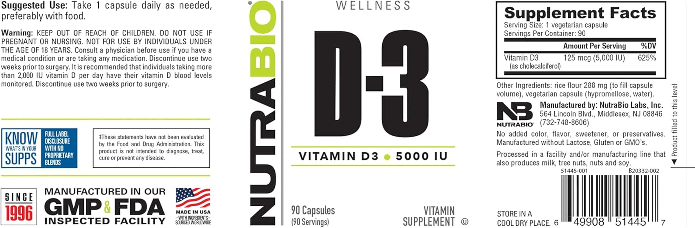 Nutrabio Vitamin D (5000 IU), Immune Support - 90 Vegetable Capsules