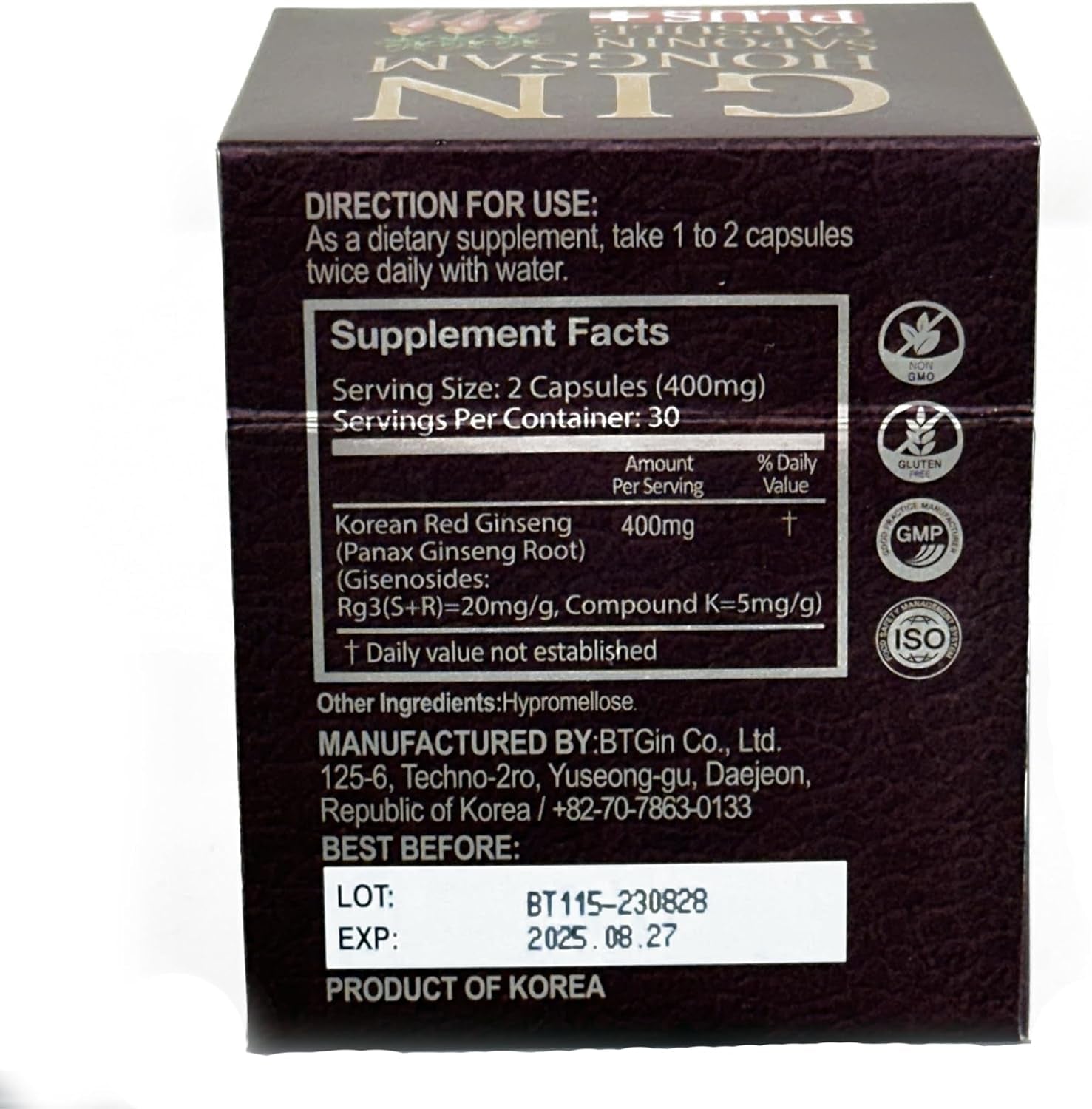 Korean Red Ginseng [GIN HONGSAM] 60 Capsules - Premium anti Aging Supplements - Boost Energy | Immune | Memory for Women and Men 100% Red Ginseng