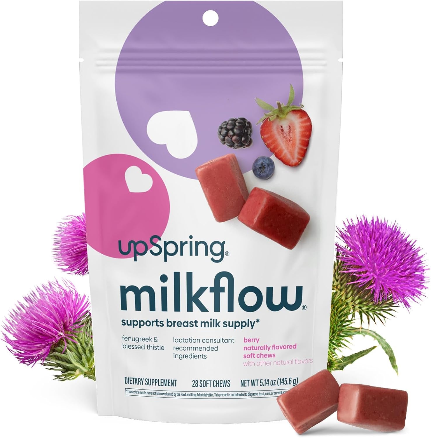 Lactation Supplement for Breastfeeding, Berry Flavor Milkflow Soft Chews, Portable Lactation Snacks for Milk Supply Increase with Fenugreek & Blessed Thistled, Individual Packaging, 28Ct