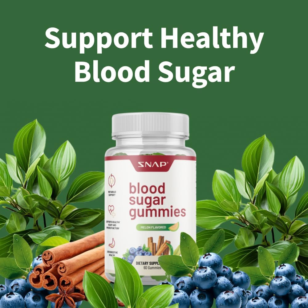 Snap Supplements Blood Sugar Gummies, Support Already Healthy Blood Sugar Levels, Cinnamon Bark and Blueberry Fruit Extract, Natural Melon Flavor, 60 Gummies