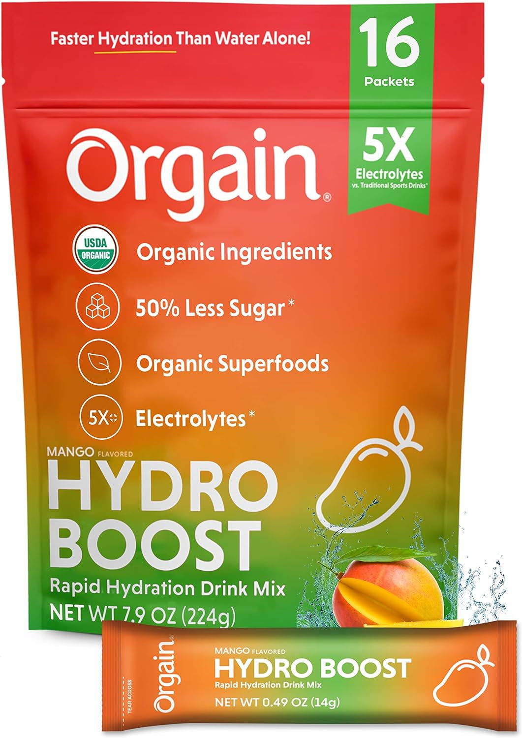 Orgain Organic Hydration Packets, Electrolytes Powder - Mango Hydro Boost with Superfoods, Vegan, Gluten-Free, No Soy Ingredients, Non-Gmo, Less Sugar than Sports Drinks, 16 Count