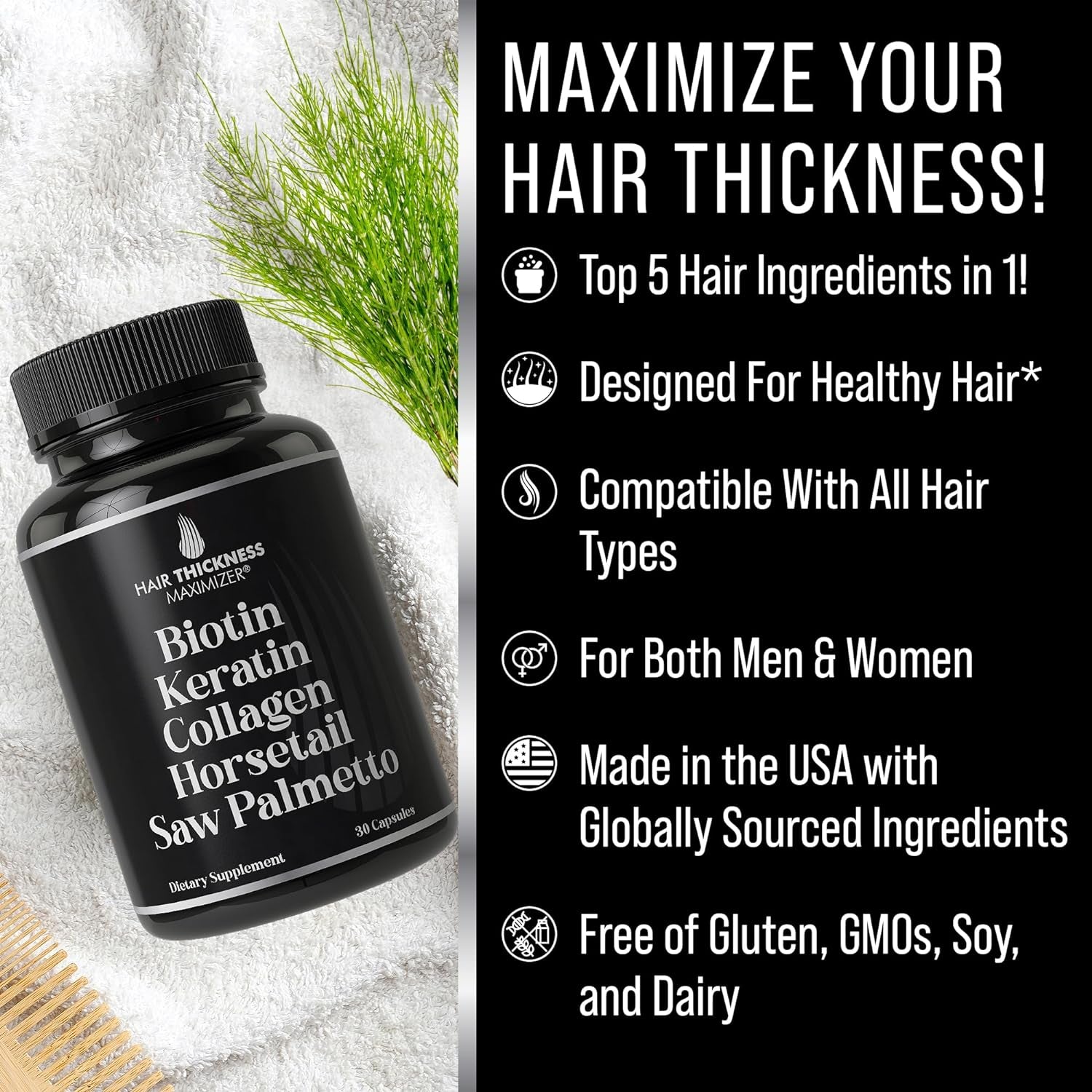 Biotin + Keratin + Collagen + Horsetail + Saw Palmetto. Advanced 5-In-1 Hair Growth Supplement for Women and Men. Hair Vitamins, DHT Blocker Pills. Capsules for Thinning Hair with Biotin 5000Mcg
