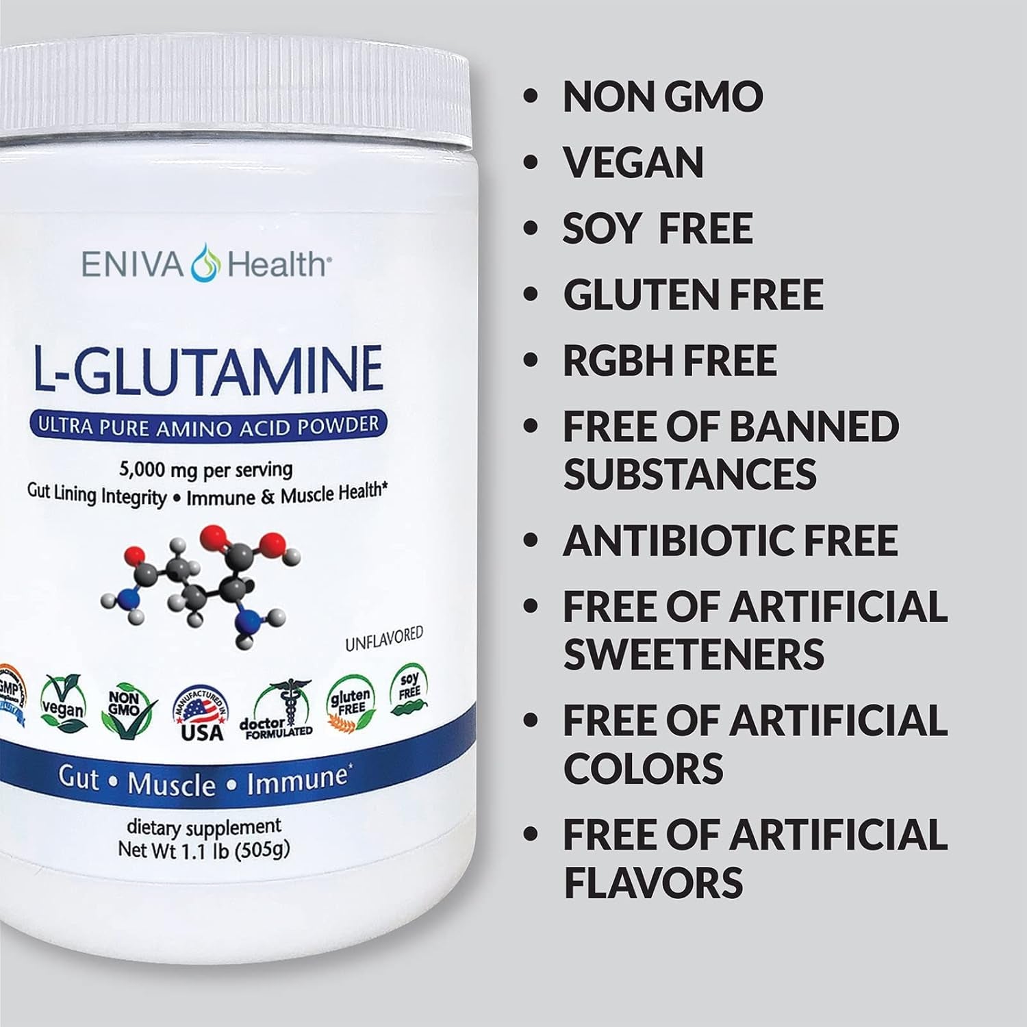 L-Glutamine Pure Powder, Unflavored (101 Servings) | Vegan, Gluten-Free, Sugar-Free, Non-Gmo | Doctor-Formulated, USA Made | Gut Health, Leaky Gut, Bloating, Muscle Health, Immune System 