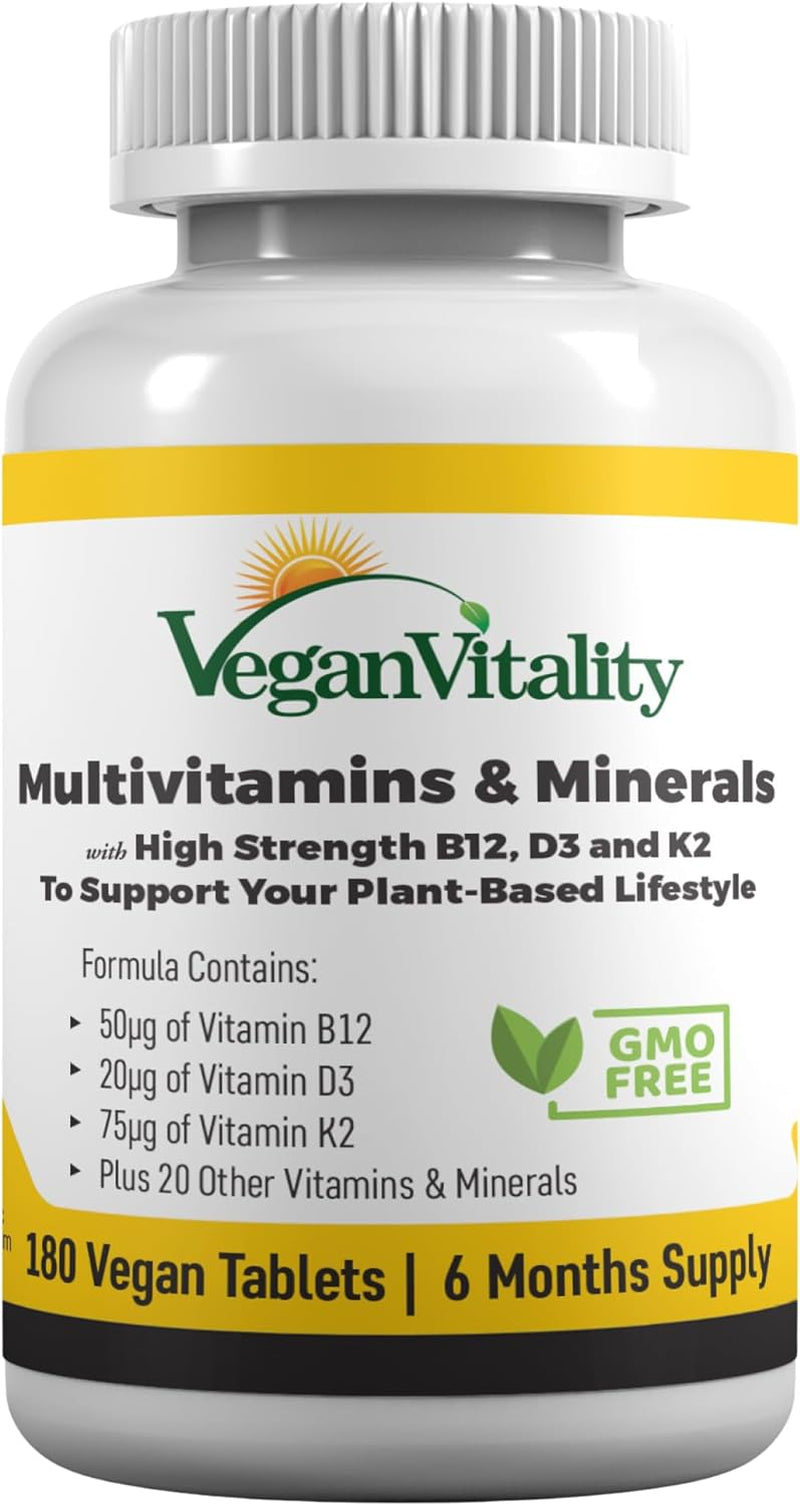 Vegan Multivitamins & Minerals for Women and Men with High Strength Vitamin B12, D3 & K2. 180 Multivitamin Tablets - 6 Months Supply. Vitamins for 