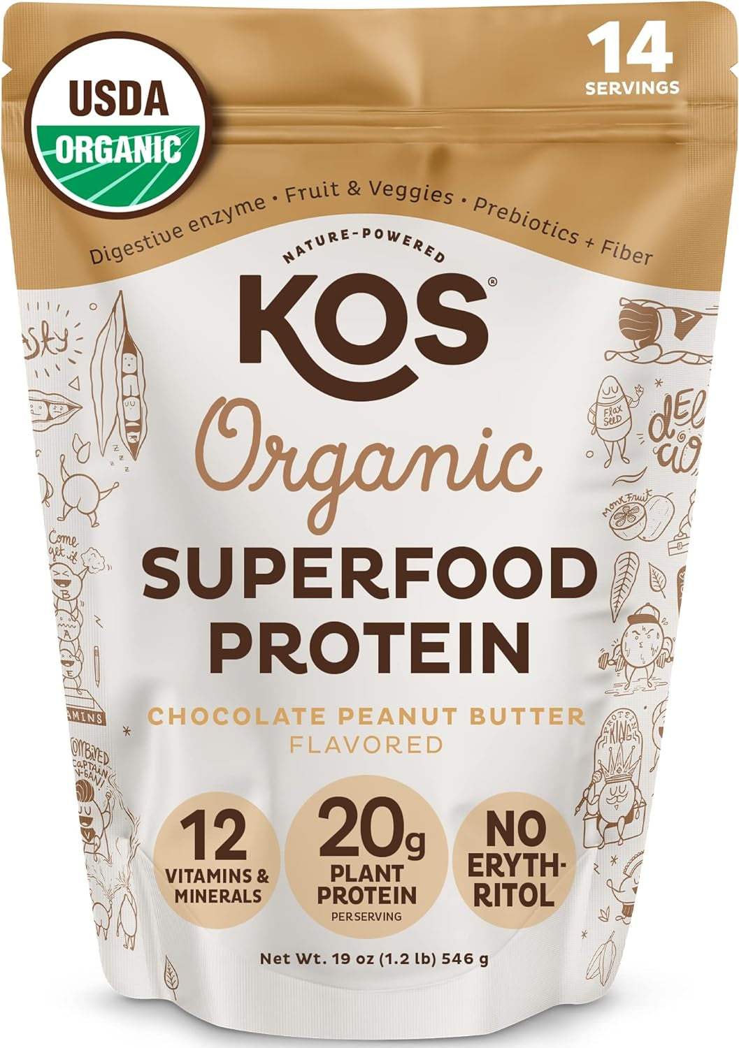 KOS Plant Based Protein Powder, No Erythritol, Chocolate Peanut Butter - Organic Pea Protein Blend, Superfood with Vitamins & Minerals - Soy, Dairy Free, Meal Replacement for Women & Men, 14 Servings