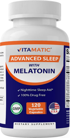 Vitamatic Advanced Sleep Aid with Melatonin - 120 Vegetable Capsules Made with B6, Magnesium, L-Theanine, L-Tryptophan, 5-HTP, GABA, Valerian, Chamomile, Passion Flower, Ashwagandha & Black Pepper