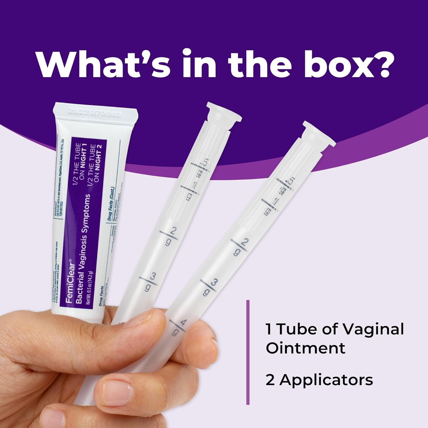 Femiclear (BV Symptoms - Vaginal Ointment for Fishy Odor, Excess Discharge, Itching & Discomfort Due to Bacterial Vaginosis, All-Natural and Organic Ingredients, 2-Day Dose 