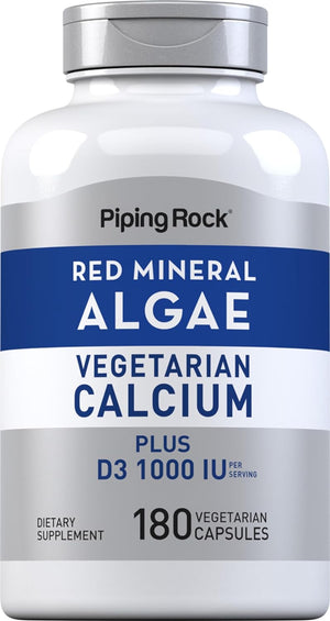 Piping Rock Red Mineral Algae | Vegetarian Calcium | 180 Capsules | Plant Based plus Trace Minerals | plus D3 1000 IU | Non-Gmo, Gluten Free Supplement