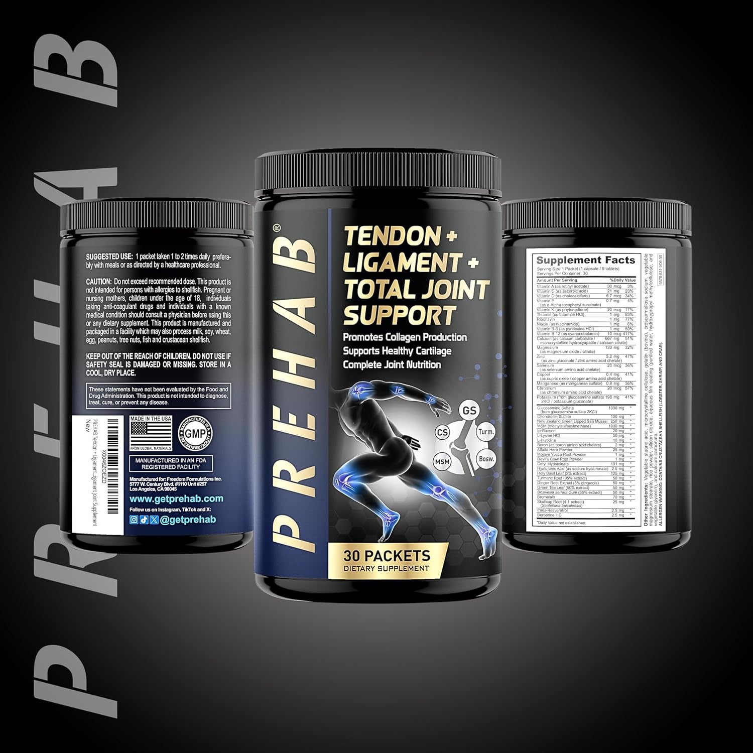 PREHAB Tendon + Ligament + Total Joint Support | Joint Supplement for Athletes | 40 Ingredient Super Complex | Glucosamine Chondroitin MSM Turmeric Boswellia | Premium Tendon Ligament Joint Supplement 