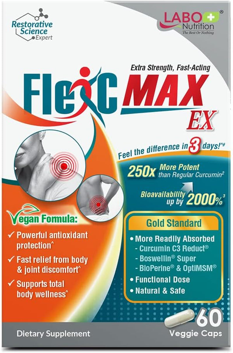 LABO Nutrition Flexc MAX EX with Turmeric Curcumin C3 Reduct 95% Tetrahydrocurcuminoids, Bioperine, Boswellia Extract & Optimsm, Effective Antioxidation, Joint & Body Discomfort Relief