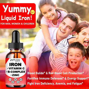 Liquid Iron Supplement W/ Vitamin C, A, B-Complex, Vegan Iron Drops High Potency Liquid Vitamin & Iron Supplements for Women, Men & Children -Support Red Blood Cell, Energy, Anemia & Fatigue