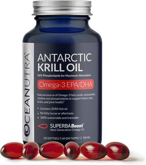 Wild Caught Antarctic Krill Oil 500Mg Softgels, Superbaboost Omega 3 Supplement, EPA & DHA, Astaxanthin, Choline, 56% Phospholipids, Sustainable, No Fish Oil, Vanilla Flavor (60-Day Supply) 