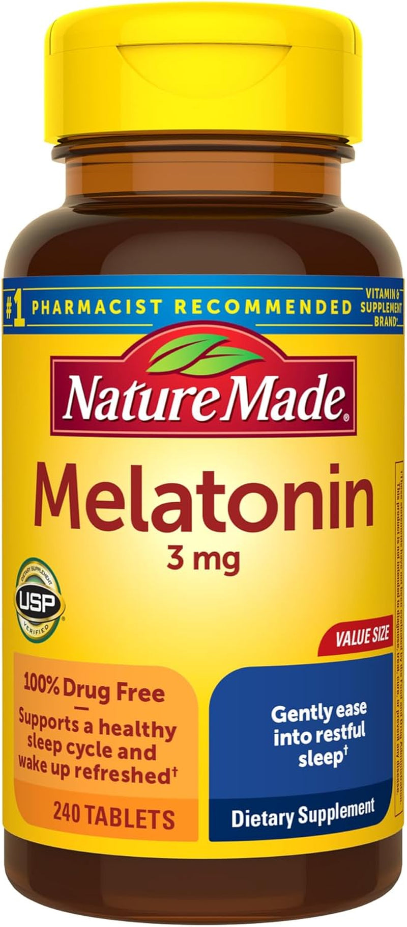Nature Made Melatonin 3Mg Sleep Aids for Adults, 100% Drug Free Sleep Aid, Sleep Supplements, 240 Tablets, 240 Day Supply