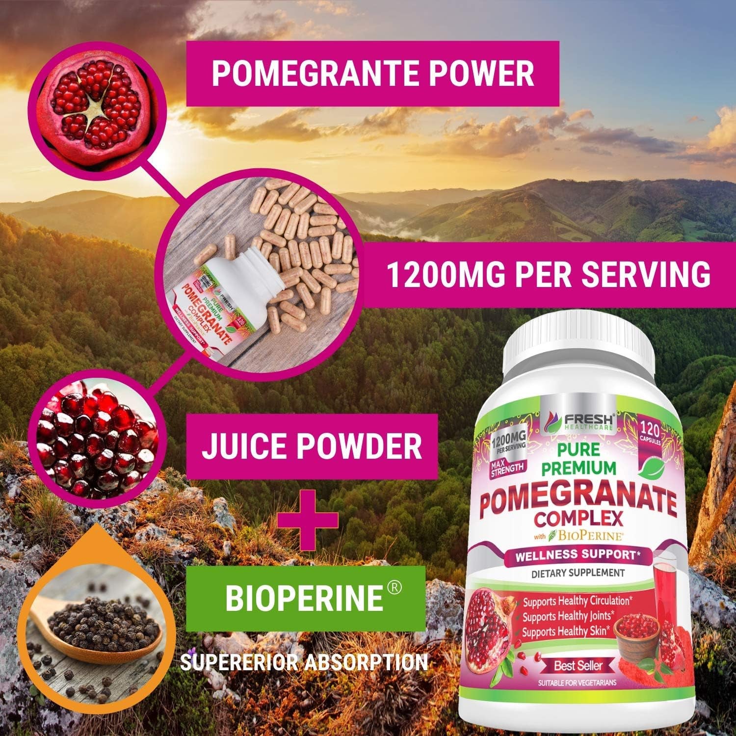 Premium Pomegranate Juice Powder Supplement 1200Mg, Supports Healthy Blood Pressure, Joints, Skin & anti Aging with Bioperine Black Pepper, Powerful Antioxidant with Vitamin C & K, 120 Vegan Capsules