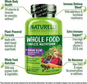 NATURELO Whole Food Multivitamin + Immune Blend with Elderberry & Mushrooms - Complete Multivitamin with Extra Immune Support - C, D3, Zinc, Elderberry, Reishi, Shitake - 60 Vegan Capsules