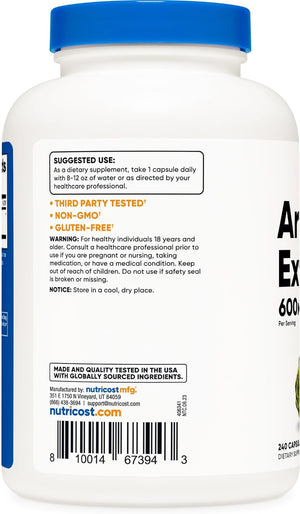 Nutricost Artichoke Extract 600Mg, 240 Vegetarian Capsules - Gluten Free, Non-Gmo