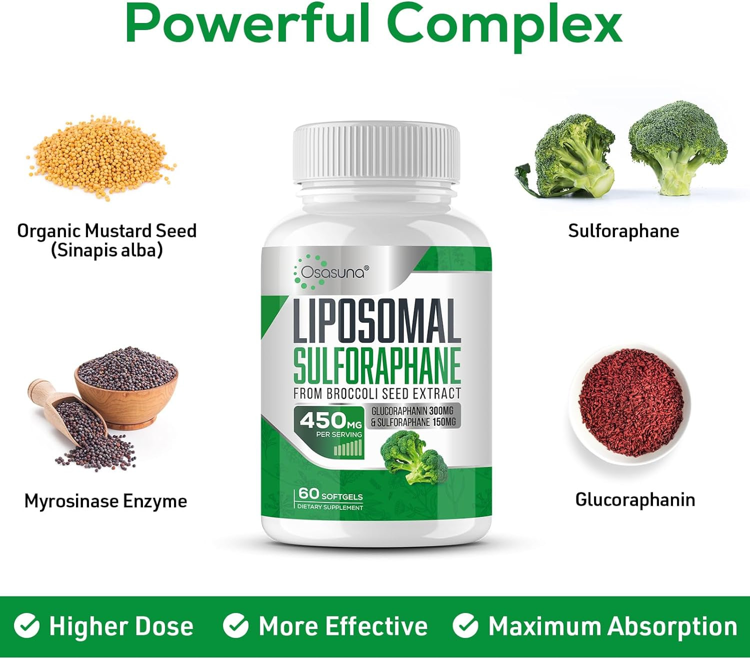 Liposomal Sulforaphane 450MG, Maximum Absorption, Glucoraphanin with Myrosinase, Antioxidant Supplement from Broccoli Seed Extract, 120 Softgels 