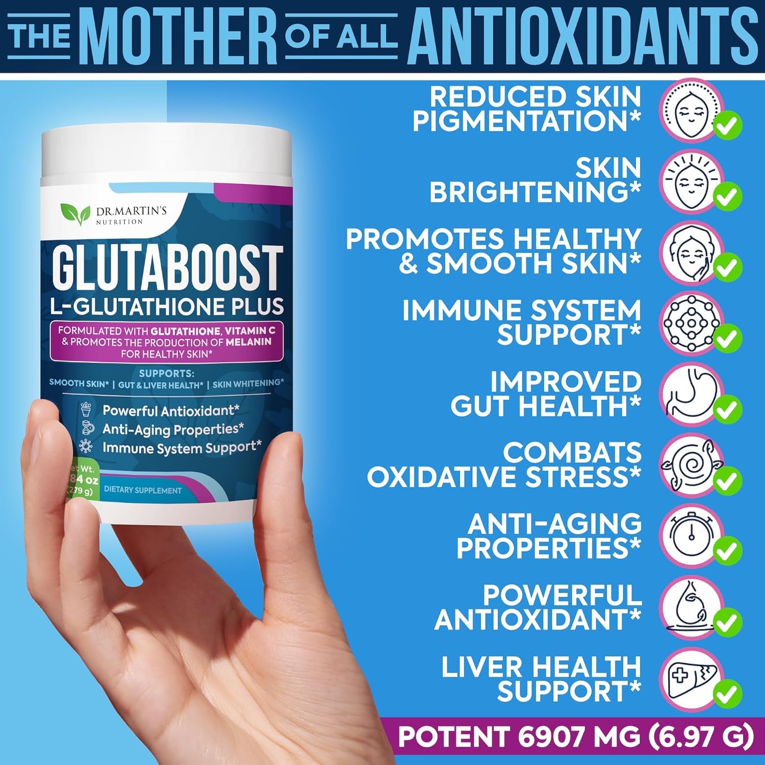 6970Mg Glutathione Powder for Skin Whitening Enhanced with Collagen & Vitamin C | Brightens Skin & Reduce Pigmentation | Anti-Aging Formula | Powerful Antioxidant | Supports Immune, Gut & Liver Health 