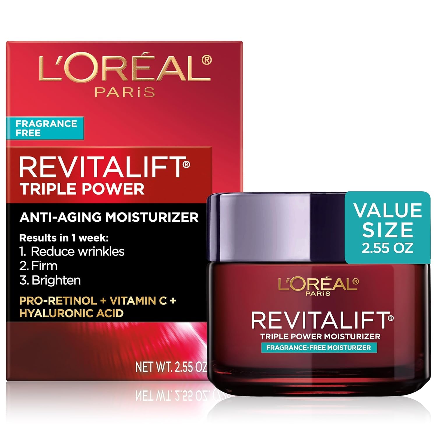 L'Oreal Paris Revitalift Triple Power Anti-Aging Face Moisturizer Travel Size, Pro Retinol, Hyaluronic Acid & Vitamin C, Reduce Wrinkles, Trial 0.5 Oz