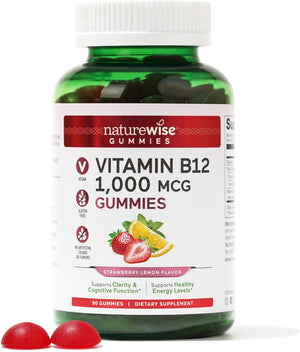 Naturewise Vitamin B12 Gummies for Adults, 1000 Mcg - Strawberry Lemon Flavor - Supports Daily Energy, Mental Clarity, Cognitive Function - Vegan, Gluten-Free, Non-Gmo - 180 Gummies[3-Month Supply]