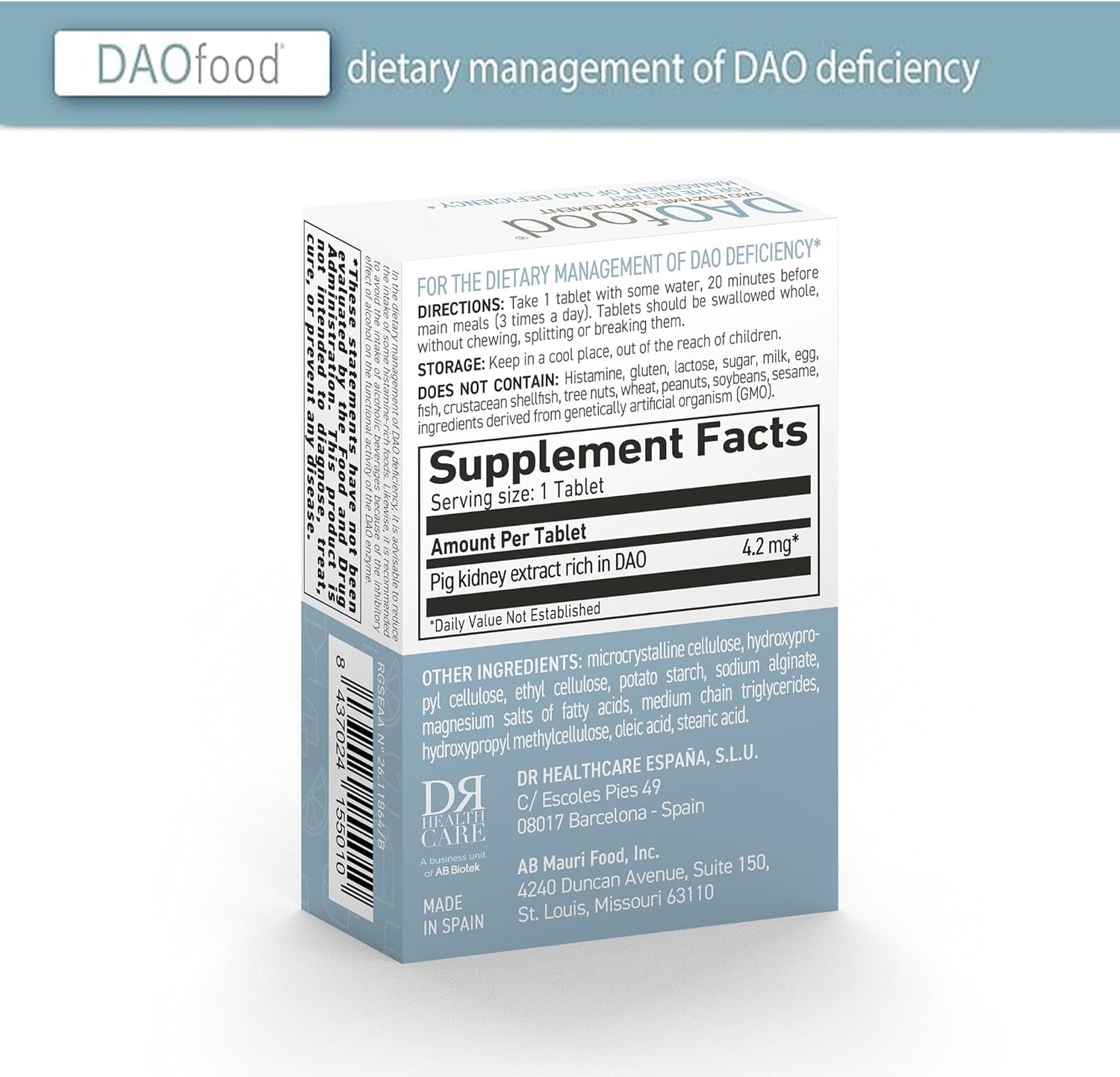 DR Healthcare Daofood - Dietary Management of DAO Deficiency - Dispenser 60 Mini Gastro-Resistant Tablets - DAO Enzyme