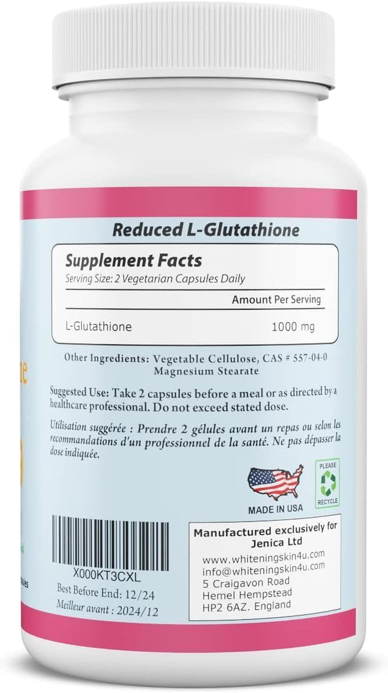 L Glutathione Skin Lightening Brightening Pills 1000 Mg Antioxidant anti Aging to Support Liver Health & Detox Help Immune & Brain Function Reduce Free Radical Damage Vegan 60 Capsules