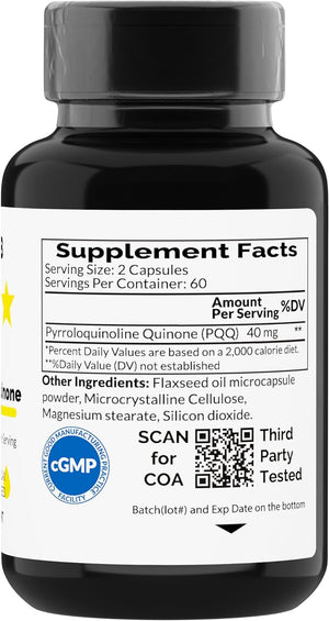 PQQ 40 Milligrams - PQQ Supplement, Pyrroloquinoline Quinone, 120 Capsules with Omega 3