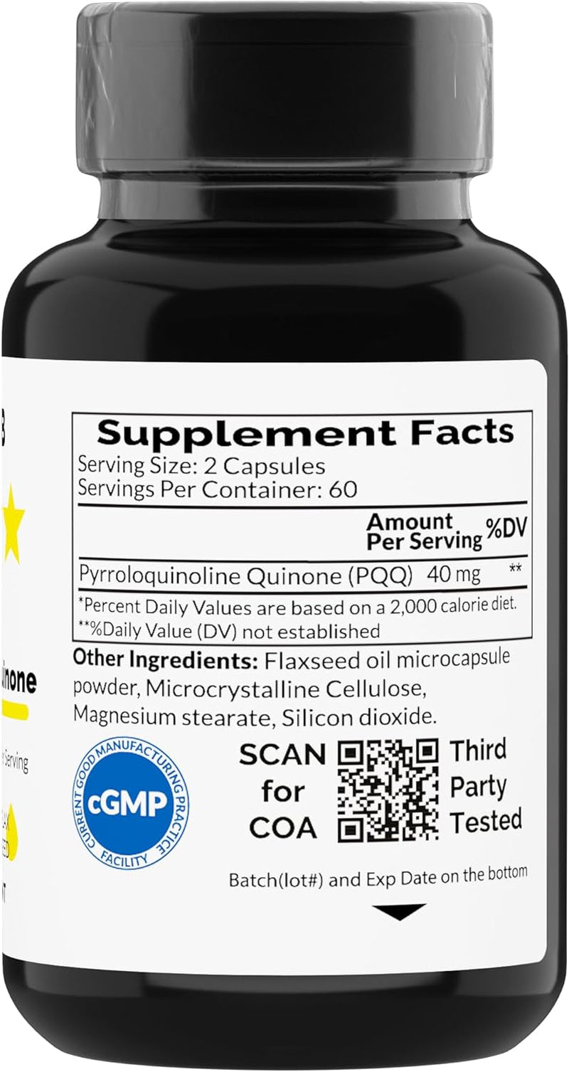PQQ 40 Milligrams - PQQ Supplement, Pyrroloquinoline Quinone, 120 Capsules with Omega 3