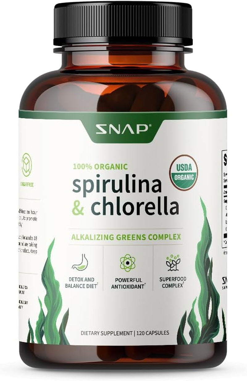 Snap Supplements USDA Organic Spirulina Chlorella Capsules - Green Superfoods for Natural Energy and Metabolic Health, 120 Capsules