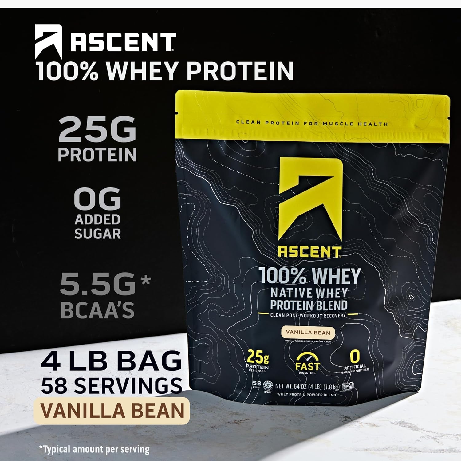 Ascent 100% Whey Protein Powder, Vanilla Bean 4 Lb & Creatine Monohydrate Powder, Unflavored 45 Servings 