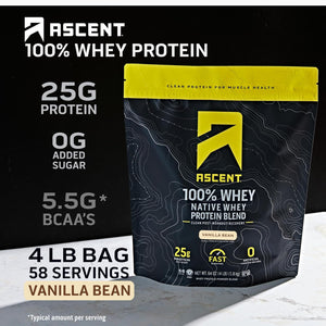Ascent 100% Whey Protein Powder, Vanilla Bean 4 Lb & Creatine Monohydrate Powder, Unflavored 45 Servings 