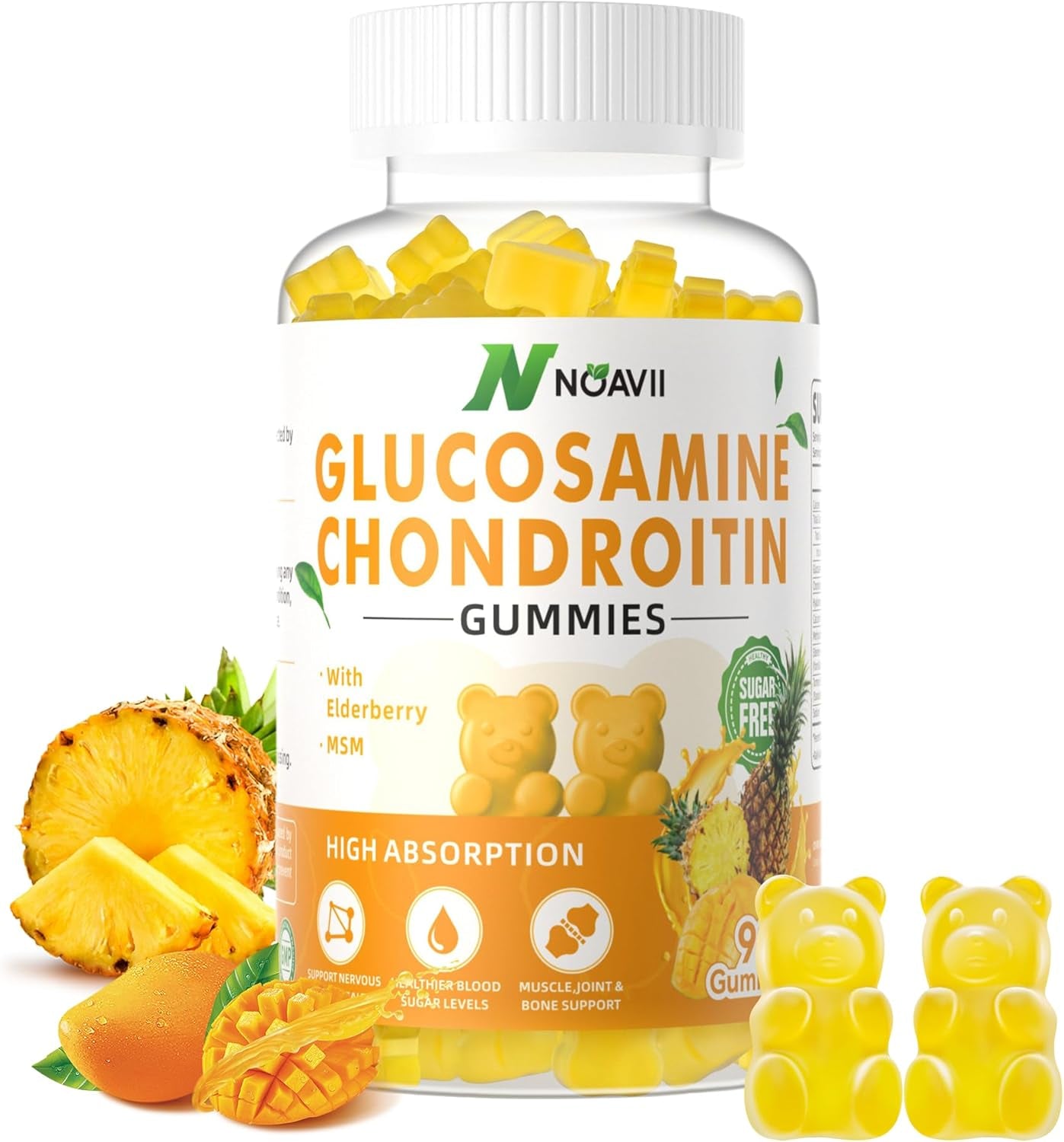 Glucosamine Chondroitin Gummies with MSM & Elderberry Extra Strength - Joint Support, Antioxidant Immune Support Supplement for Adults, Men & Women-Pineapple Flavor-90 Count