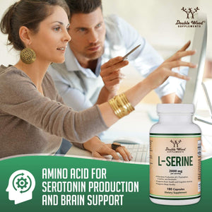 L-Serine Capsules (Third Party Tested) - 2,000Mg Servings Used in Clinical Study, 180 Count, 500Mg per Capsule (L Serine Amino Acid for Serotonin Production and Brain Support) by Double Wood 