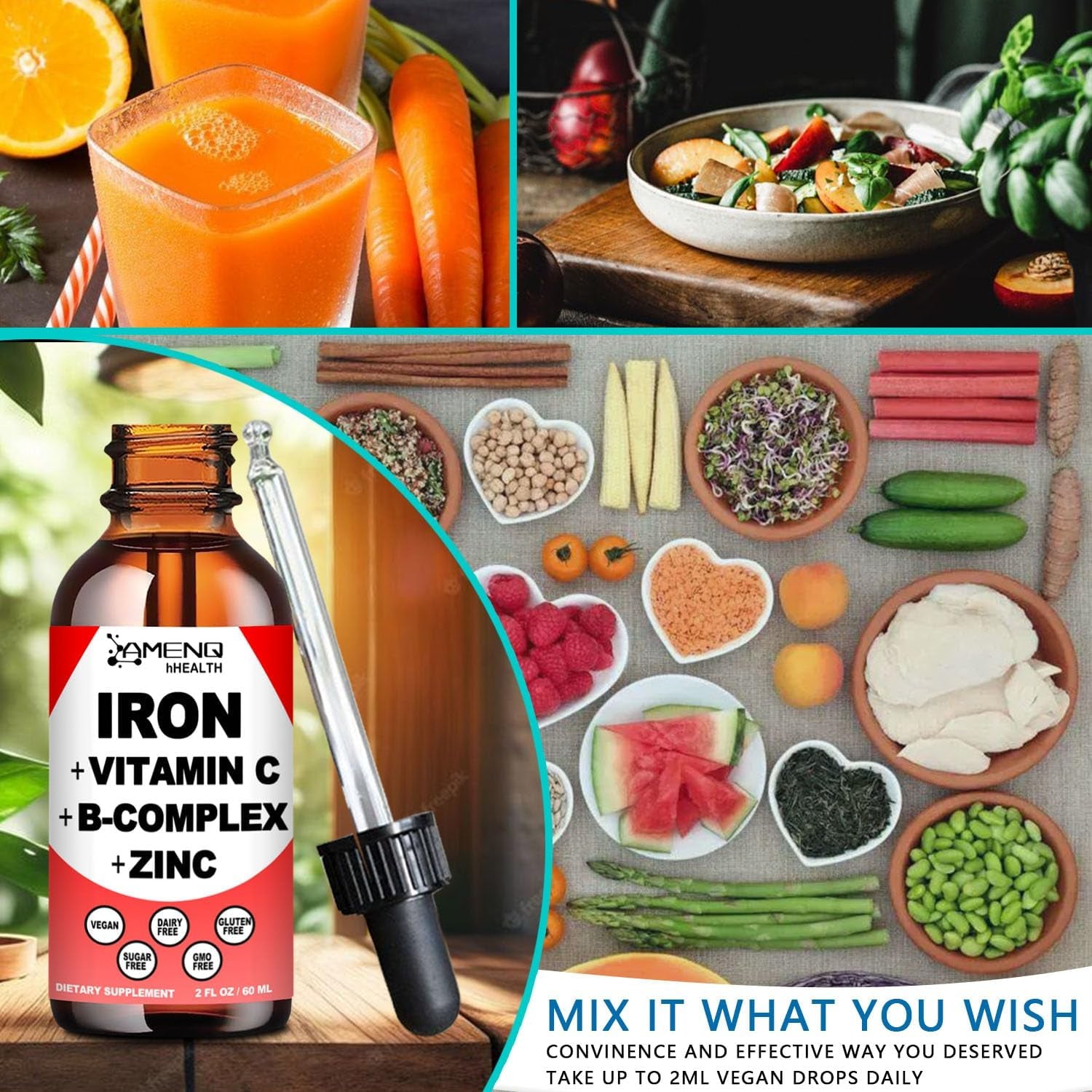 Liquid Iron Supplement W/ Vitamin C, A, B-Complex, Vegan Iron Drops High Potency Liquid Vitamin & Iron Supplements for Women, Men & Children -Support Red Blood Cell, Energy, Anemia & Fatigue