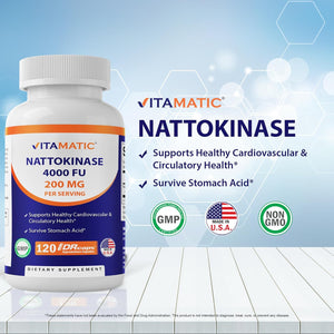 Vitamatic 2 Packs Nattokinase Supplement 4,000 FU Servings, 120 Delayed Released Capsules - Survives Stomach Acids - Non-Gmo & Gluten Free - Made in the USA