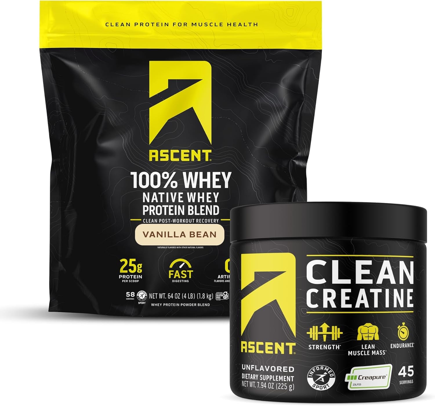 Ascent 100% Whey Protein Powder, Vanilla Bean 4 Lb & Creatine Monohydrate Powder, Unflavored 45 Servings 