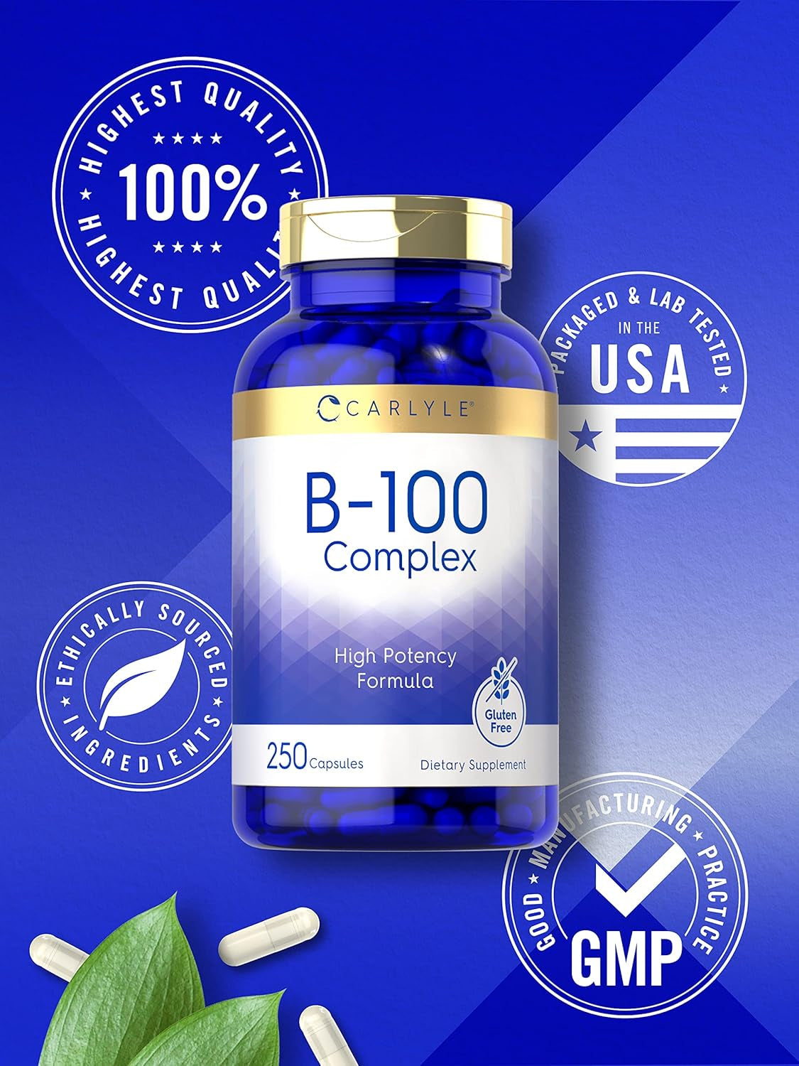 Carlyle B-100 Complex Vitamin | 250 Capsules | Non-Gmo, Gluten Free Supplement 