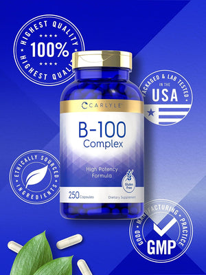 Carlyle B-100 Complex Vitamin | 250 Capsules | Non-Gmo, Gluten Free Supplement 