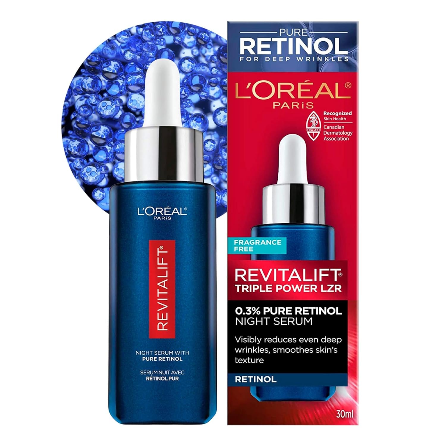 'L'Oreal Paris Revitalift Triple Power LZR Retinol Night Serum for Face, with 0.3% Pure Retinol, Moisturizes Skin and Eliminates Deep Wrinkles, for All Skin Types, 30Ml
