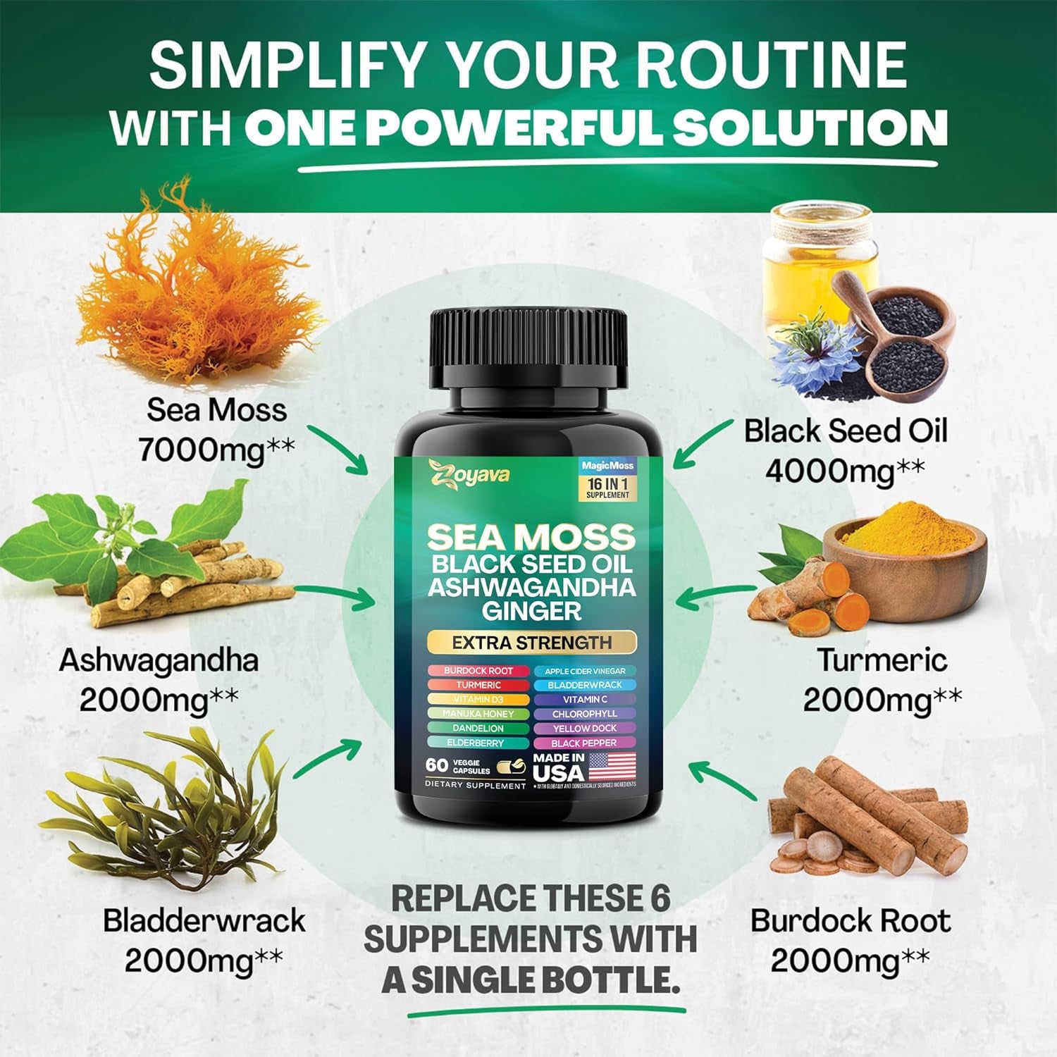 Sea Moss 7000Mg Black Seed Oil 4000Mg Ashwagandha 2000Mg Turmeric 2000Mg Bladderwrack 2000Mg Burdock 2000Mg & Ginger Vitamin C Vitamin D3 with Elderberry Manuka Dandelion Yellow Dock Chlorophyll ACV