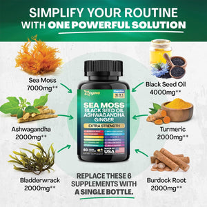 Sea Moss 7000Mg Black Seed Oil 4000Mg Ashwagandha 2000Mg Turmeric 2000Mg Bladderwrack 2000Mg Burdock 2000Mg & Ginger Vitamin C Vitamin D3 with Elderberry Manuka Dandelion Yellow Dock Chlorophyll ACV
