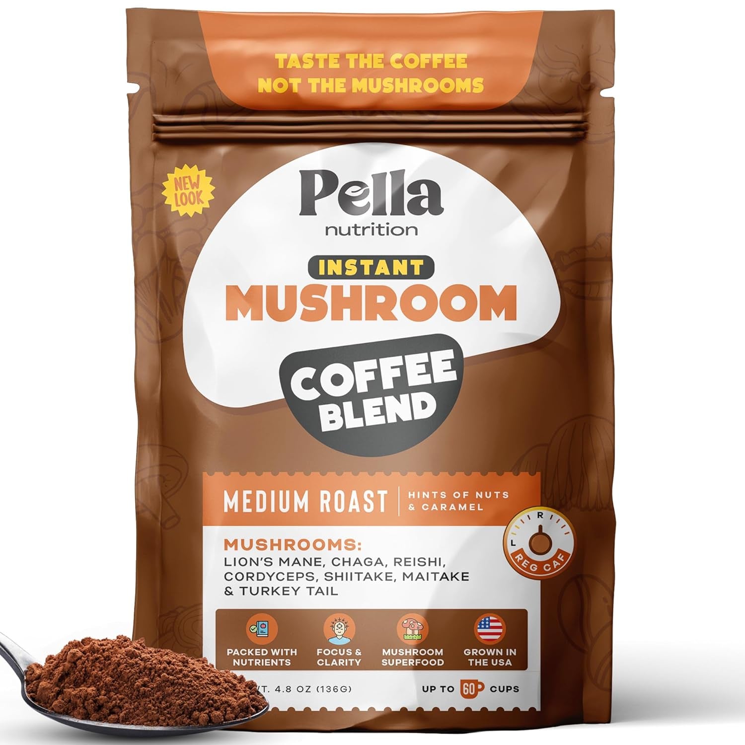 Organic Mushroom Instant Coffee (60 Servings) with 7 Superfood Mushrooms, Great Tasting, Includes Lion'S Mane, Reishi, Chaga, Cordyceps, Shiitake, Maitake, and Turkey Tail