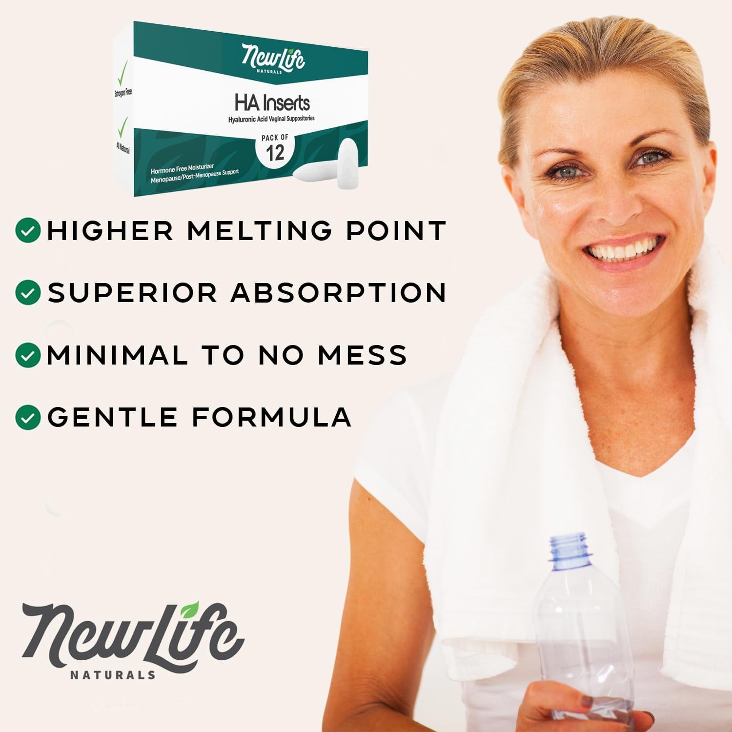 Newlife Naturals Hyaluronic Acid Vaginal Suppository for Dryness | Vaginal Dryness Support | Estrogen-Free Relief for Menopause | Hyaluronic Acid Suppositories for Women | Usa-Made 12 Vaginal Inserts