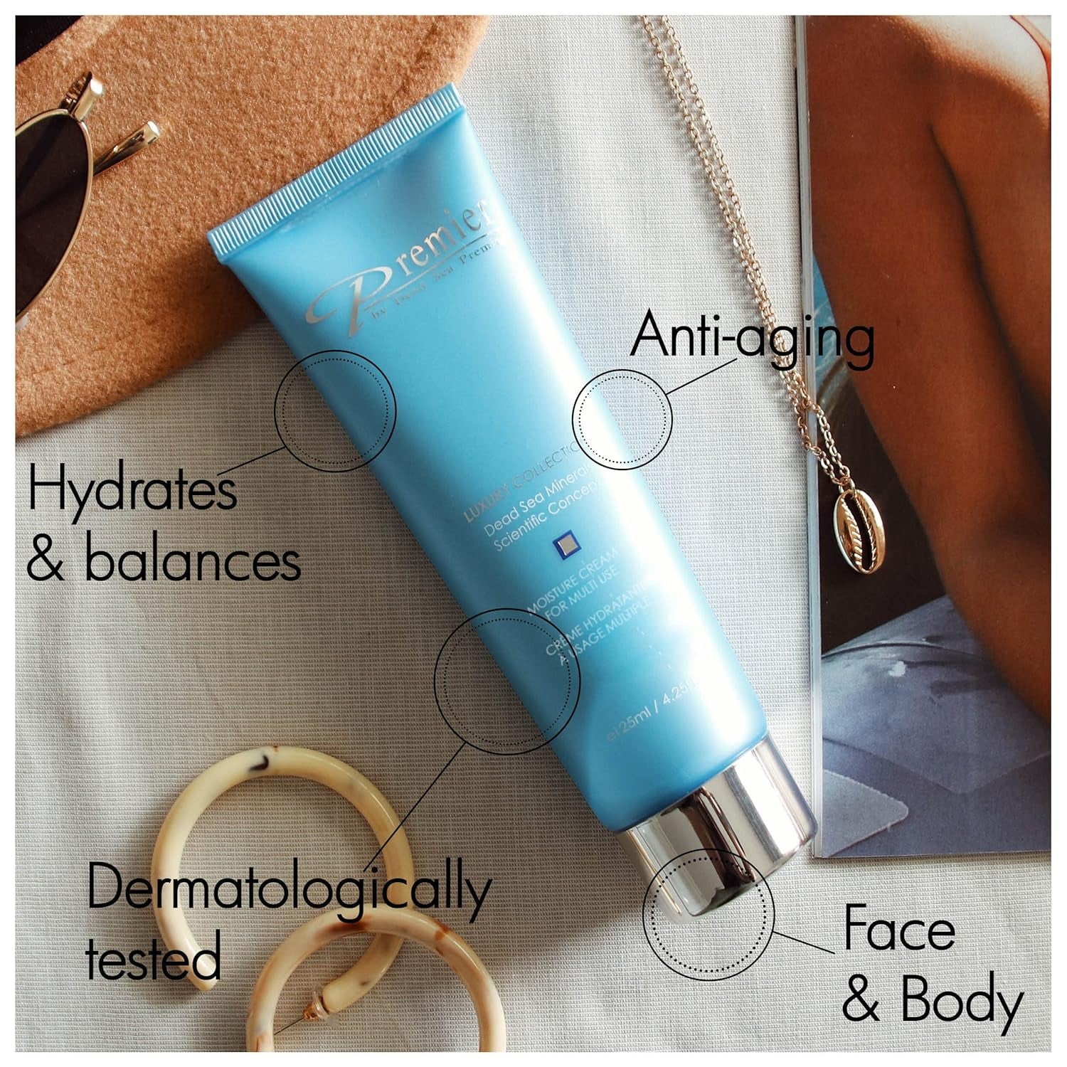 Premier Dead Sea Moisture Cream for Multi Use for Face and Body, Anti-Aging Face Cream, Skin Care with Aloe Vera Gel, Face Moisturizer, Light, Non Sticky. XL Size 4.4 Fl.Oz