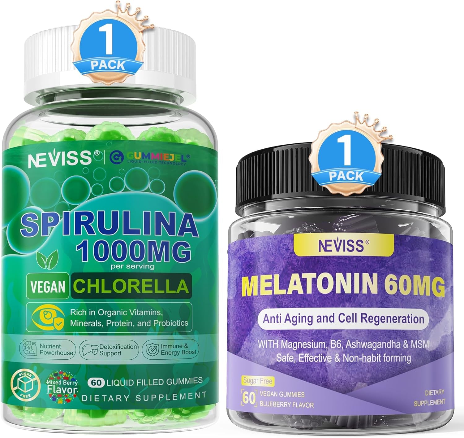 NEVISS Melatonin 60Mg, Organic Spirulina & Chlorella Gummies, 2 Pack