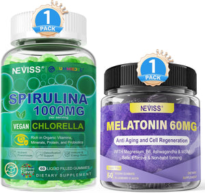 NEVISS Melatonin 60Mg, Organic Spirulina & Chlorella Gummies, 2 Pack