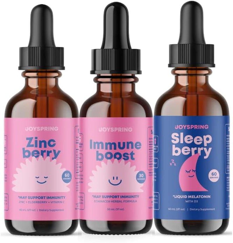 Joyspring Zinc with Vitamin C Supplements for Kids, Immune Boost for a Supported Immune System, and Melatonin Drops for Kids Sleep Support 