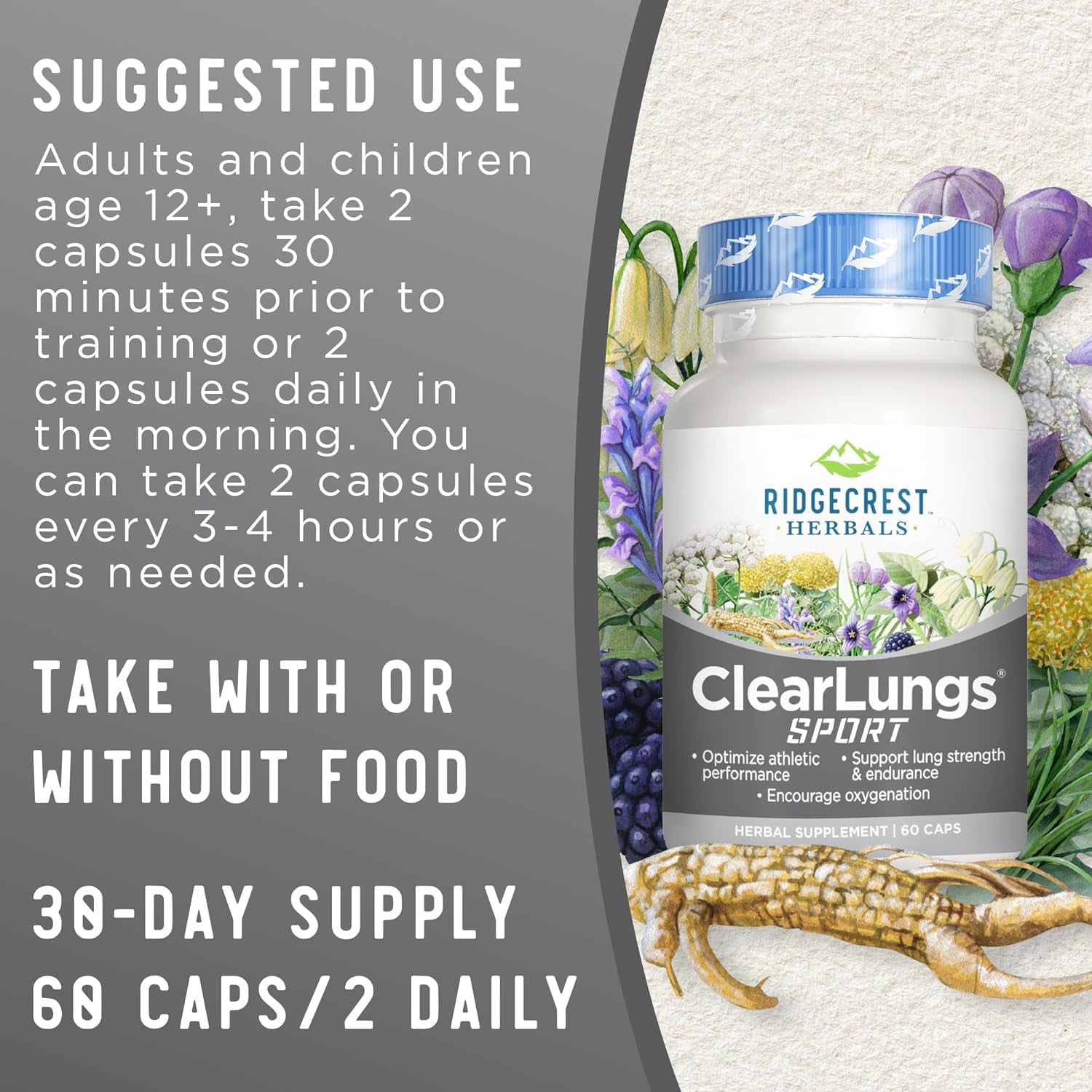 Ridgecrest Herbals Clearlungs Sport, Oxygen Intake and Lung Support Formula with Cordyceps, Rhodiola, Eleuthero (60 Vegan Caps, 30 Serv)